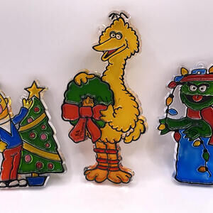Vintage Sesame Street Christmas Ornaments Plastic Stained Glass LOT of 3